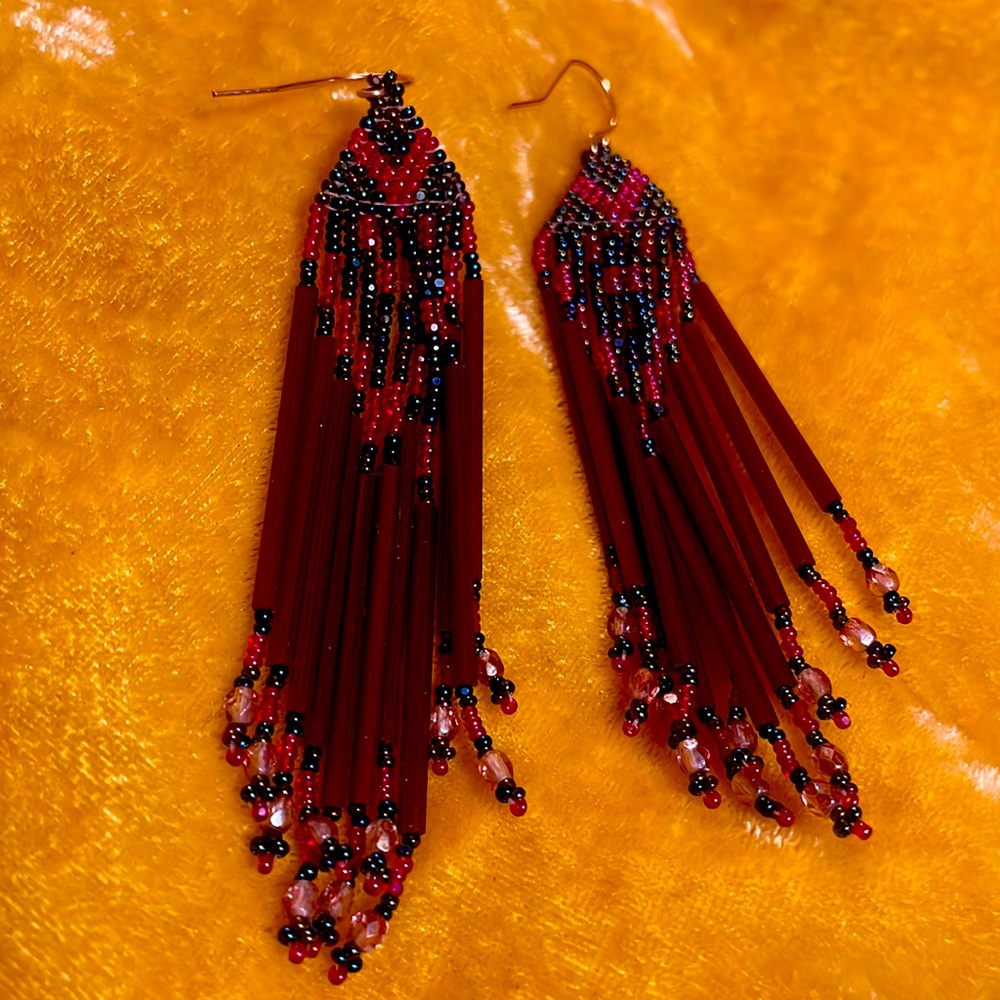 Brown and Red and Iridescent Seed Beaded Long Fringe Dangle Earrings Handmade